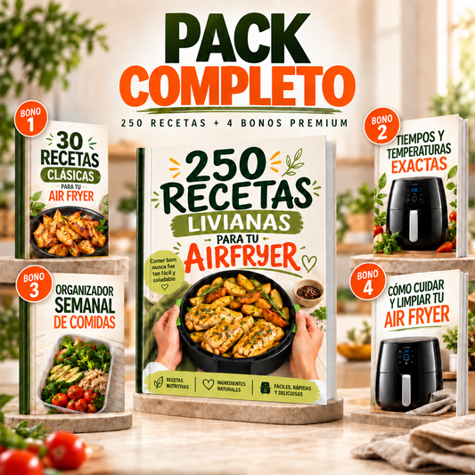 250 Recetas Livianas para tu AirFryer  + 🎁 4 Bonus Exclusivos